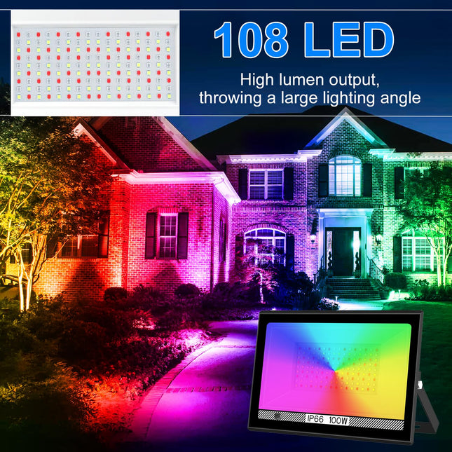 T-SUN RGB Led Flood Light 100W, Outdoor Flood Light 1000W Equivalent 10000Lm Christmas Light Color Changing Led Stage Lights IP66 Waterproof Landscape Lights with Remote Outdoor for Garden Yard