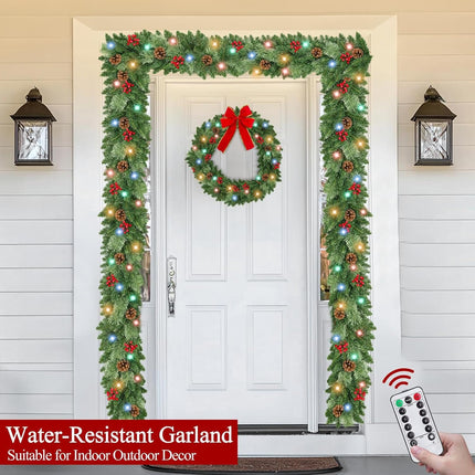 8 Modes & Remote Control - 9Ft Pre-Lit Christmas Garland, Christmas Decorations Artificial Garland with Timer 50 LEDs Pine Cones Berried Smokey Pine Bristle, Xmas Garland for Christmas Decor Indoor