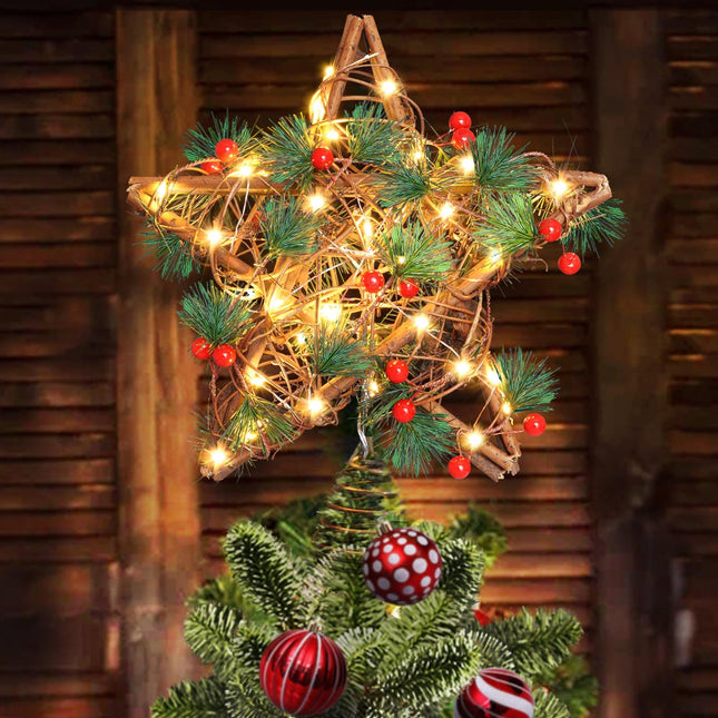 d Star Christmas Tree Topper for Christmas Decorations, Natural Star with Rustic Christmas Ornaments, for Indoor Office Farmhouse Xmas Year Holiday Tree Decorations (Warm White)