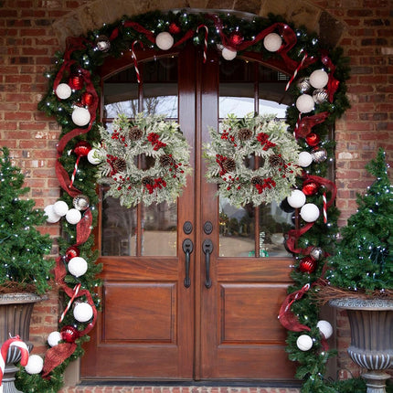 Christmas Wreath, 18 Inch Flocked Snow Wreath with Frosted Branches, Berries and Pine Cones for Front Door Decoration Indoor Window Wall Fireplace Xmas Décor
