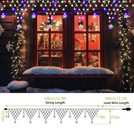 Christmas Lights Outdoor Decorations 218 LED 13.8ft Curtain Fairy Lights with 12 Stars, Clear Wire LED String Light with 8 Modes for Wedding Party Holiday Christmas Home