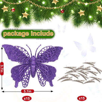 15 PCS Glitter Christmas Tree Butterfly Ornaments, Hollow Butterfly Christmas Decorations with Clips, Artificial Butterfly Ornaments Decoration for Christmas Tree, DIY Xmas Wreath Decor - Dark Purple