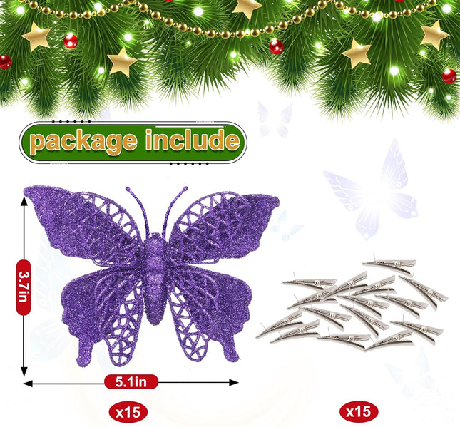 15 PCS Glitter Christmas Tree Butterfly Ornaments, Hollow Butterfly Christmas Decorations with Clips, Artificial Butterfly Ornaments Decoration for Christmas Tree, DIY Xmas Wreath Decor - Dark Purple