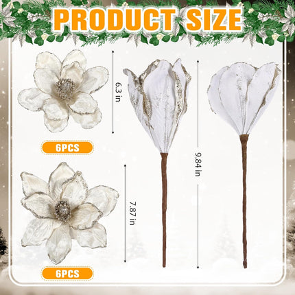 Jutom 12 Pcs Christmas Glitter Poinsettia Magnolia Flowers 6.3in 7.87in Christmas Tree Artificial Flowers 10 Petals Artificial Magnolia Flowers for Christmas Tree Xmas Wreath Holiday Decor(White)