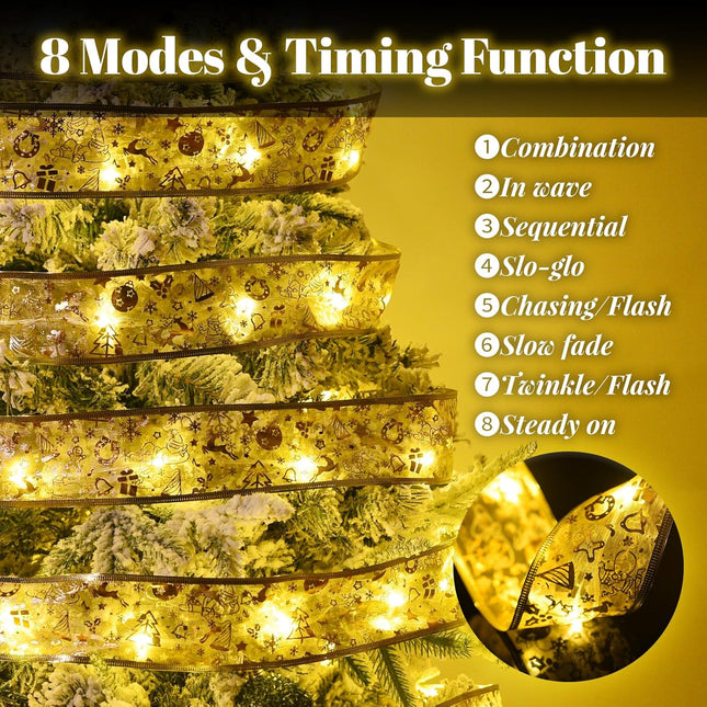 Dailyart Christmas Ribbon Fairy Lights 2 Pack Total 100LED USB& Battery Operated String Lights Timer 46FT Christmas Lights Indoor with 8 Modes Fairy Lights with Remote for Xmas Tree Garland Decoration
