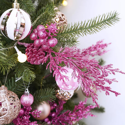 Winlyn 12 Pcs Christmas Artificial Pine Branches Pink Glittered Pine Needles with Pinecone and Berries Christmas Floral Picks 14.2" for Pink Christmas Tree Seasonal Wreath Swag Garland Wedding Bouquet