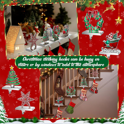 Zhengmy 4 Pcs Christmas Stocking Holders for Mantel Reindeer Snowflake Snowman Pine Xmas Tree Stocking Hangers Metal Stocking Mantel Holders Christmas Decoration for Xmas Fireplace (Wreath)