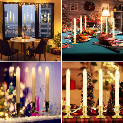 Verdenu 10 Pack Christmas Window Candles with Timer Remote, Battery Operated Window Candles with Sensor Dusk to Dawn Electric LED Candles with Holder/Suction Cups for Christmas Decorations, Gold