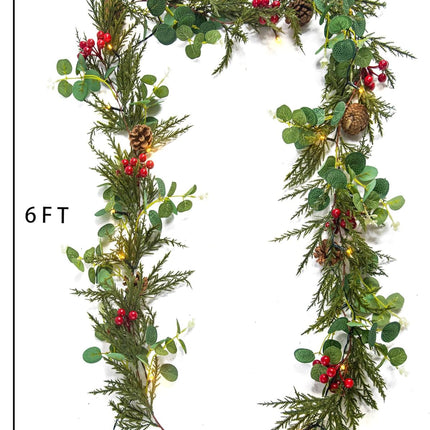 6FT Pre-lit Christmas Garland with 20 LED Lights,Battery Powered Christmas Lights with Pine Cones, Red Berries, Eucalyptus Leaves,Lighted Christmas Garland for Mantle,Stairs,Holiday Decor