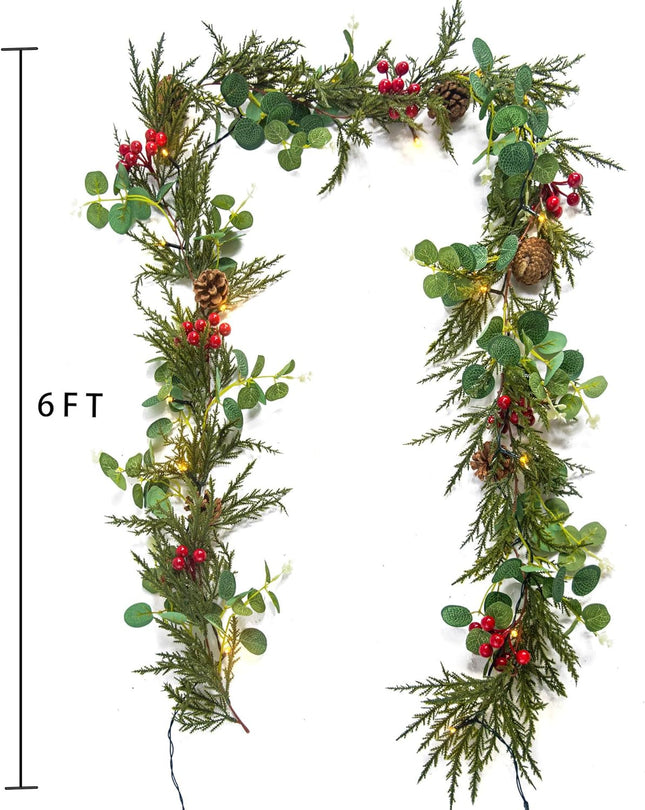 6FT Pre-lit Christmas Garland with 20 LED Lights,Battery Powered Christmas Lights with Pine Cones, Red Berries, Eucalyptus Leaves,Lighted Christmas Garland for Mantle,Stairs,Holiday Decor