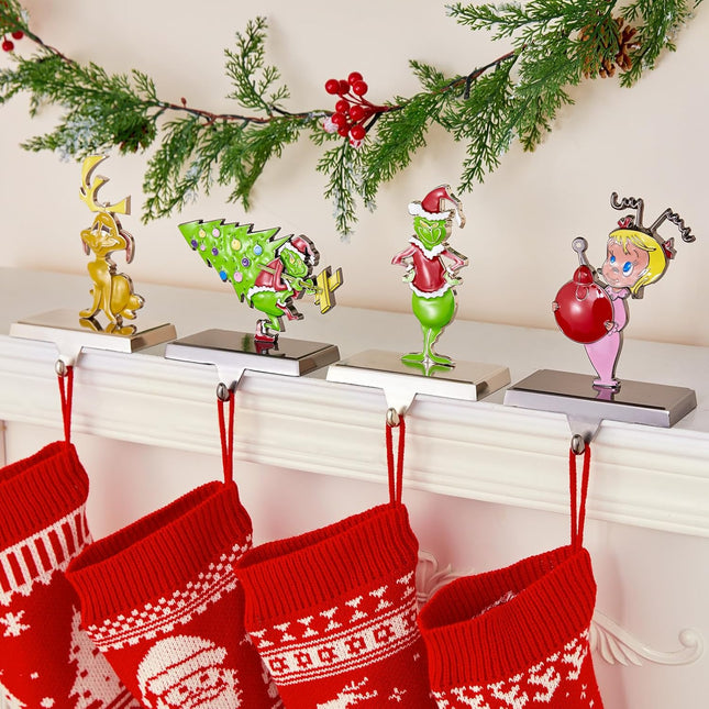 Set of 4 Christmas Stocking Holders for Mantle, 2D Metal Christmas Tree Santa Claus Stocking Hangers, Home Xmas Decorations for Fireplace Mantel Table Garland