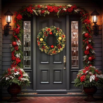 Pre-lit Christmas Wreath 28" Extra Large Christmas Wreath Artificial Deluxe Lighted Plug in Christmas Decorations Ornament with Lights Door Window Fireplace Decor 10ft Cable