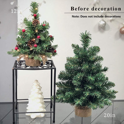 Pre-Lit Artificial Mini Christmas Tree,20 inch Miniature Pine Xmas Tree with 20 LED Lights,70 Branch Tips,Desktop Christmas Tree Burlap Base-(50cm)