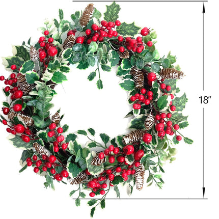 18 Inch Holly Berry Pine Cones Wreath Christmas Wreath for Front Door, Evergreen Winter Holiday Wreath Green Holly Front Door Wreath