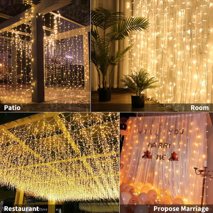 Brightown 300 LED Curtain String Lights, 9.8 FT Hanging Fairy Lights with Remote, 8 Modes, Connectable Waterproof Window Lights for Bedroom Backdrop Wedding Outdoor Christmas Party, Warm White
