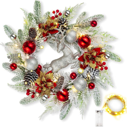 Christmas Wreath Front Door with Lights Indoor - Walasis Flocked Xmas Wreaths Door Decor 20inch White Winter Wreath Christmas Deer Wall Decoration