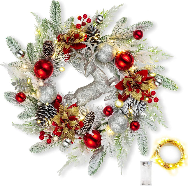 Christmas Wreath Front Door with Lights Indoor - Walasis Flocked Xmas Wreaths Door Decor 20inch White Winter Wreath Christmas Deer Wall Decoration