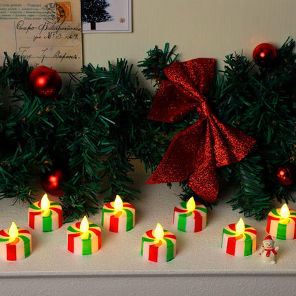 24 Pcs Christmas Candy Cane Tea Lights LED Flameless Candles Striped Battery Operated Flickering Candles Warm Yellow Light Candles Flameless Tealight Candles for Christmas Party (Red, Green)