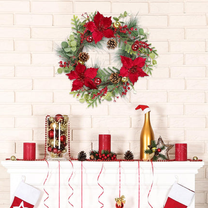 SHACOS 20 inch Artificial Christmas Wreath with Poinsettia Decorated with Green Eucalyptus Pine Cones Red Berries Christmas Balls Pine Needle, Xmas Wreaths for Indoor Outdoor Festival Home Decor