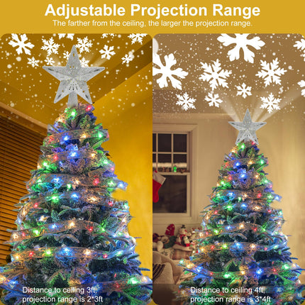 Christmas Tree Topper Star Lighted with 6 Projection Modes, LED Christmas Ribbon Lights with Built-in Rotating LED Dynamic Projector, 3D Glitter Hollow Star Tree Topper Starry Night Light, Silver