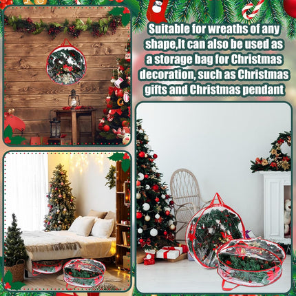 Zhengmy 4 Pack 30" 24" Wreath Storage Container Clear Christmas Wreath Storage Bags with Handle and Dual Zipper Plastic Decorative Wreath Protector for Xmas Seasonal Holiday Wreath Garland(Red)