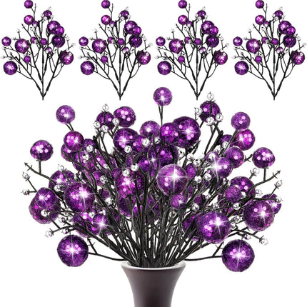 24 Pieces Christmas Glitter Berries Stems 10 Inch Christmas Berry Picks Artificial Glittered Berries Ornaments Floral Stems for Christmas Tree, Home Wreath, Party Decoration (Purple)