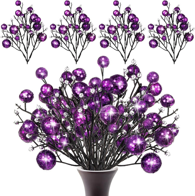 24 Pieces Christmas Glitter Berries Stems 10 Inch Christmas Berry Picks Artificial Glittered Berries Ornaments Floral Stems for Christmas Tree, Home Wreath, Party Decoration (Purple)