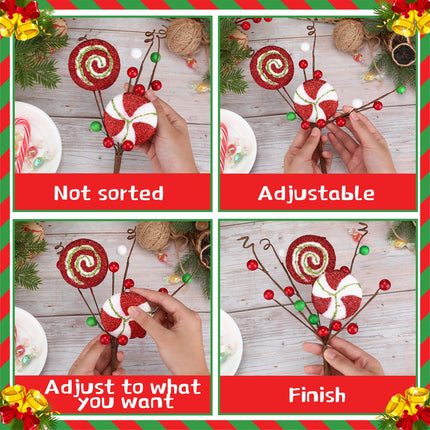 Jutom 12 Pcs Christmas Tree Picks Candy Cane Decor Candy and Lollipop Pick Christmas Tree Decoration Red Green and White Stripes Christmas Ornaments for Xmas Tree Home Decorations Holiday