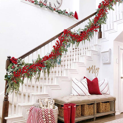 DearHouse 6FT Red Berry Christmas Garland with Spruce Branches Berry Garland, Winter Greenery Garland for Holiday Mantel Fireplace Table Runner Centerpiece Year Decoration
