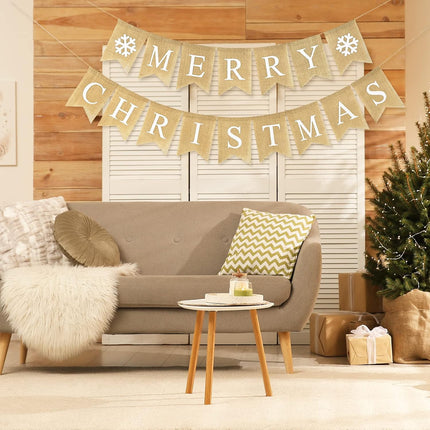 Whaline Merry Christmas Banner Burlap Christmas Fireplace Banner Christmas Wall Banners Snowflake Banner Bunting Garland Pre-Assembled Hanging Christmas Tree Decor for Christmas Party Supplies