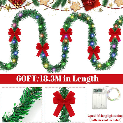 60 ft Prelit Christmas Garland with Lights Lighted Artificial Pine Garlands with 40 Red Bows Outdoor Christmas Garlands Hanging Garland for Fireplace Mantle Stair Railing Holiday Decorations