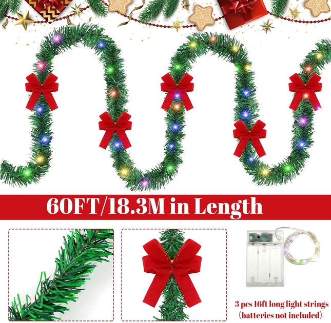 60 ft Prelit Christmas Garland with Lights Lighted Artificial Pine Garlands with 40 Red Bows Outdoor Christmas Garlands Hanging Garland for Fireplace Mantle Stair Railing Holiday Decorations