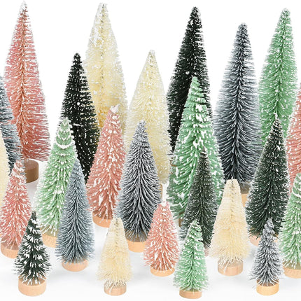 25 Pieces Artificial Frosted Sisal Christmas Tree, Bottle Brush Trees with Wood Base DIY Crafts Mini Pine Tree for Christmas Home Table Top Decor Winter Ornament (Pink)