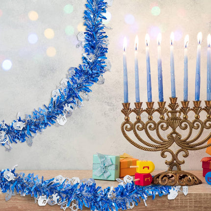 33ft Hanukkah Tinsel Garland, Blue Silver Metallic Twisted Tinsel Garland with Dreidel Star of David Hanging Garland Decoration for Chanukah Party Tree Fireplace Mantle Home Party Decor