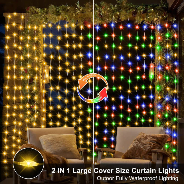ZAIYW Curtain Lights 600 LED 20Ftx10Ft, Dual Color Changing Curtain Fairy Light Connectable with Timer Remote Waterproof for Bedroom Wedding Party Garden Outdoor Decor (Warm White & Multicolor)