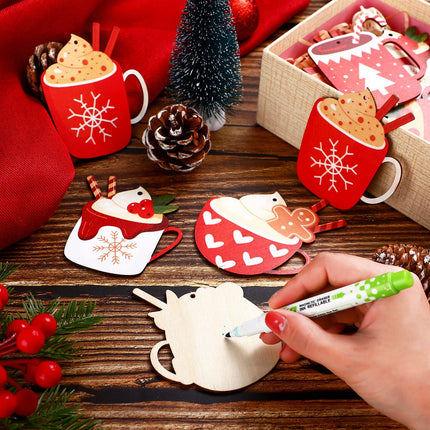 24 Pcs Christmas Hanging Hot Cocoa Ornaments 3.5 Inches Wooden Xmas Hot Cocoa Snowflake Wood Hot Cocoa for Christmas Tree Hanging Christmas Party Decorations Indoor Holiday Xmas, 6 Styles (Hot Cocoa)
