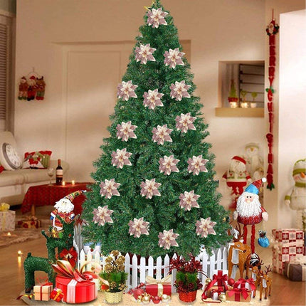 15 Pcs Glitter Poinsettia Artificial Christmas Flowers, Rosegold Decorations for Tree, Wreath, Garland - With Clips and Stems, 5.5 Inch
