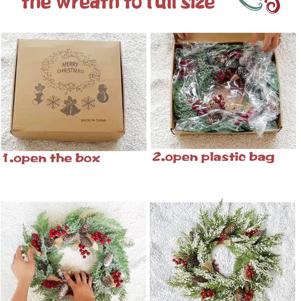 2 Pack Christmas Wreath 23”, Winter Wreaths for Front Door with Pinecones, Red Berries, Burlap Ribbon & Snowflake, Artificial Outdoor Holiday Door Decorations with 2 Wreath Hangers