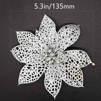 30 Pack Christmas Silver Glitter Poinsettia Flowers Picks Christmas Tree Ornaments 5.9" Wide for Silver Christmas Tree Wreaths Garland Holiday Seasonal Wedding Decorations