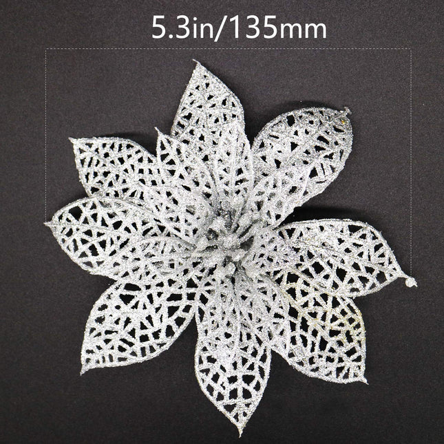 30 Pack Christmas Silver Glitter Poinsettia Flowers Picks Christmas Tree Ornaments 5.9" Wide for Silver Christmas Tree Wreaths Garland Holiday Seasonal Wedding Decorations