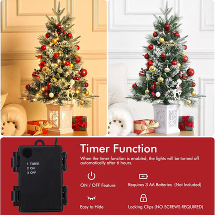 3ft Mini Prelit Premium Snow Flocked Artificial Christmas Tree, Pre-lit Xmas Pine Tree for Christmas Decoration, Party Decoration, Home, Office, White Base