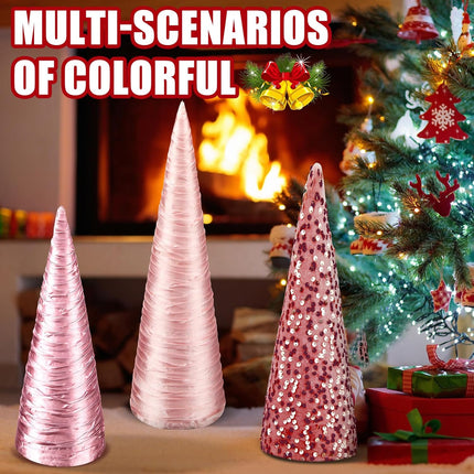 Ceenna 3 Pcs Pink Christmas Cone Trees, Velvet Sequin Christmas Tree Cones Modern Winter Tree Decorations Handmade Table Centerpiece Decor for Xmas Farmhouse Home Decor (13.7inch, 11.8inch, 9.8inch)