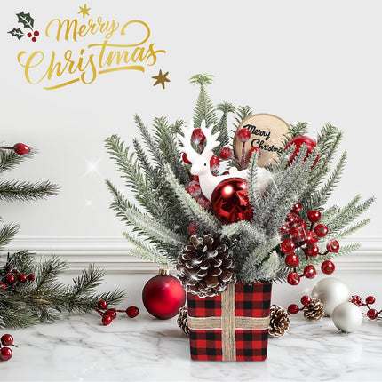 Artificial Christmas Tree, Small Christmas Tree Decorations, Holiday Decorations with red Apples、and Red and Black Checkered Base for Home Interior Christmas Decoration
