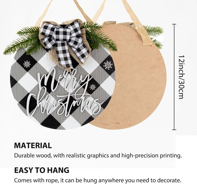 Merry Christmas Wreath 12 Inch Welcome Sign Buffalo Plaid Christmas Decoration Rustic Merry Christmas Door Sign for Front Door Porch Window Wall Indoor Outdoor Decoration (White)