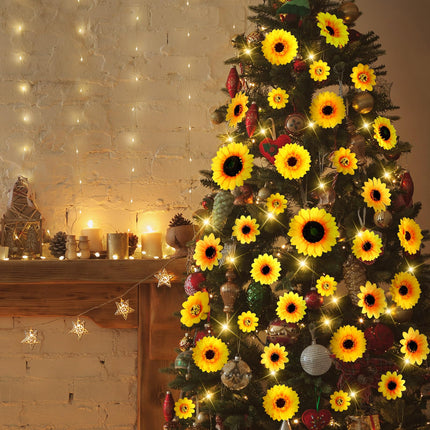 Crowye 124 Pcs Christmas Sunflower Tree Ornaments Yellow Sunflower Christmas Decorations Big Artificial Sunflowers Tree Topper Mini Sunflower Ornaments Bulk with 2 String Lights for Christmas Tree