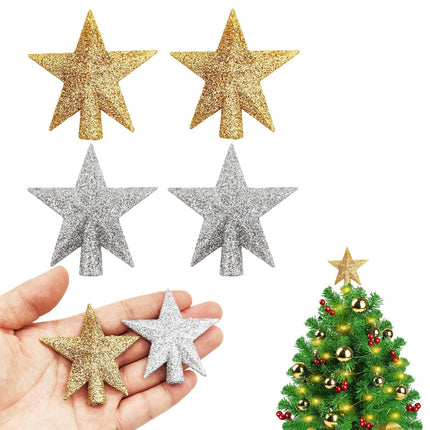 4 Pcs Mini Star Christmas Tree Topper 2.36 Inch Glitter Gold Silver Small Christmas Star Tree Topper for Xmas Holiday Tree Ornament Home Decor