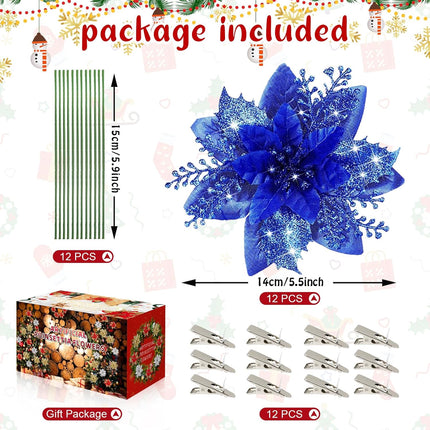Poinsettia Christmas Flowers Decoration -12Pcs Artificial Red Gold Poinsettia Christmas Tree Ornaments Glittery for Xmas Year Wedding Party Wreath DIY Garland Decor (Royal Blue)