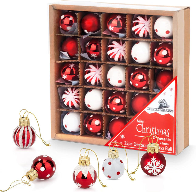 1 Inch Mini Red & White Peppermint Glass Ball Christmas Ornaments Set of 25 Balls Miniature Christmas Tree Ornaments Rustic Christmas Decorations Mini Christmas Tree Decorations for Small Trees