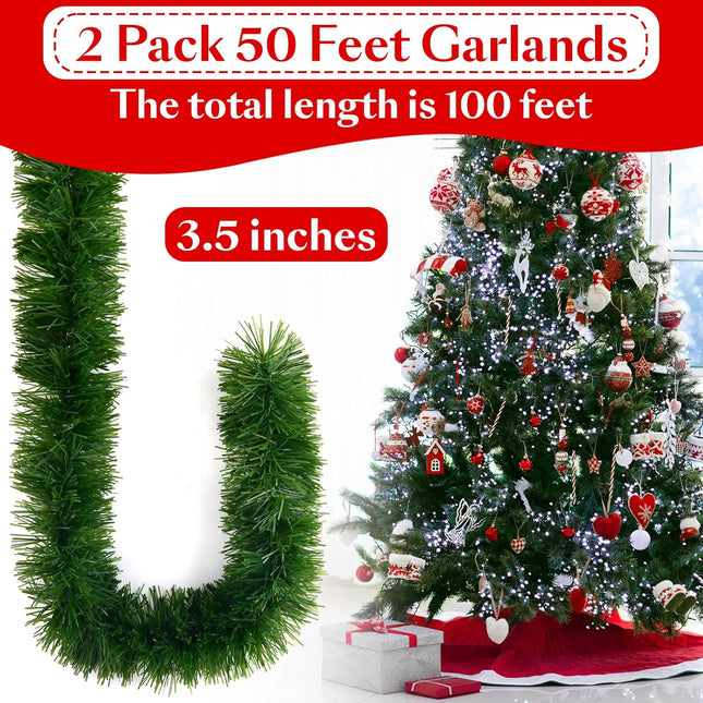 100FT Green Garland Christmas Decor Tinsel Garland Non-Lit Christmas Garland Outdoor with Xmas Ornaments Soft Garland Artificial Christmas Decoration for Stair Railing Fireplace Indoor Home Mantle