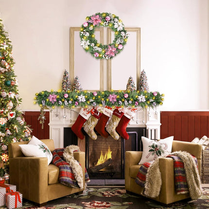Christmas Garland with LED Lights, 6FT Mentle Garland with Pink Flower and Pine Cones for Christmas Decorations and Holiday Mantle Decor